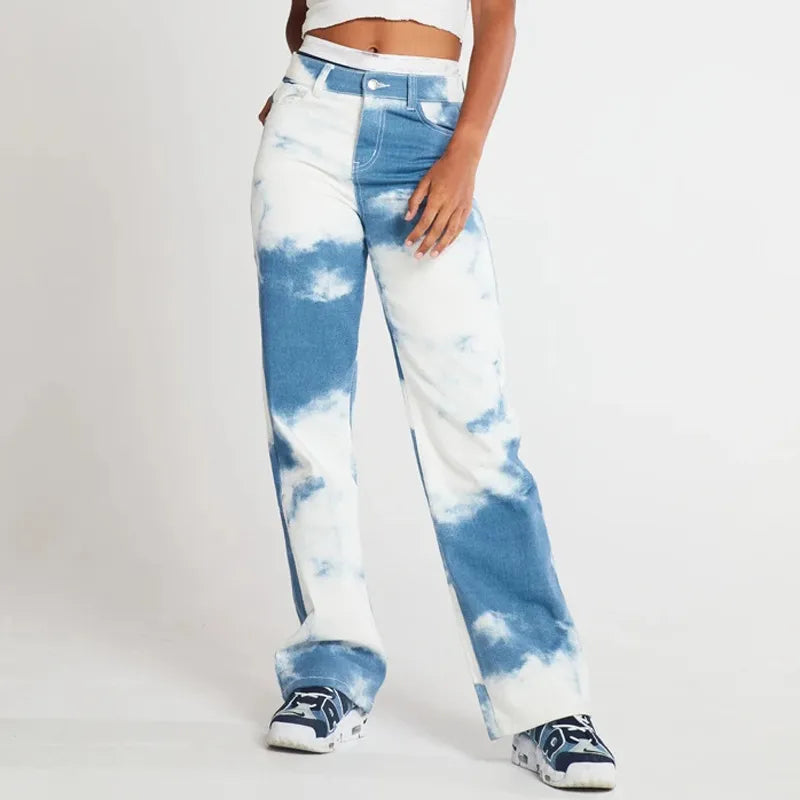 Women’s Tie-Dye Print Straight-Leg Jeans – Stretch Blue Denim Relaxed Fit, XS–2XL