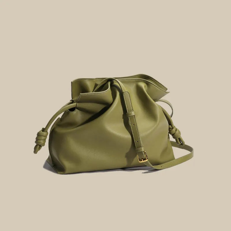 Women’s Fashion Pleated Cowhide Bag – Elegant Genuine Leather Oval Shoulder Handbag