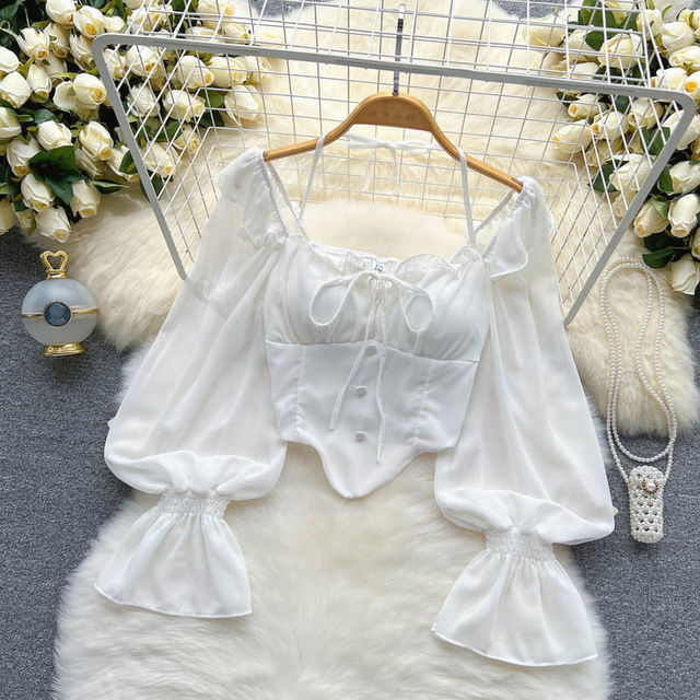 Women’s Aesthetic White Blouse – Vintage Casual Elegant Top