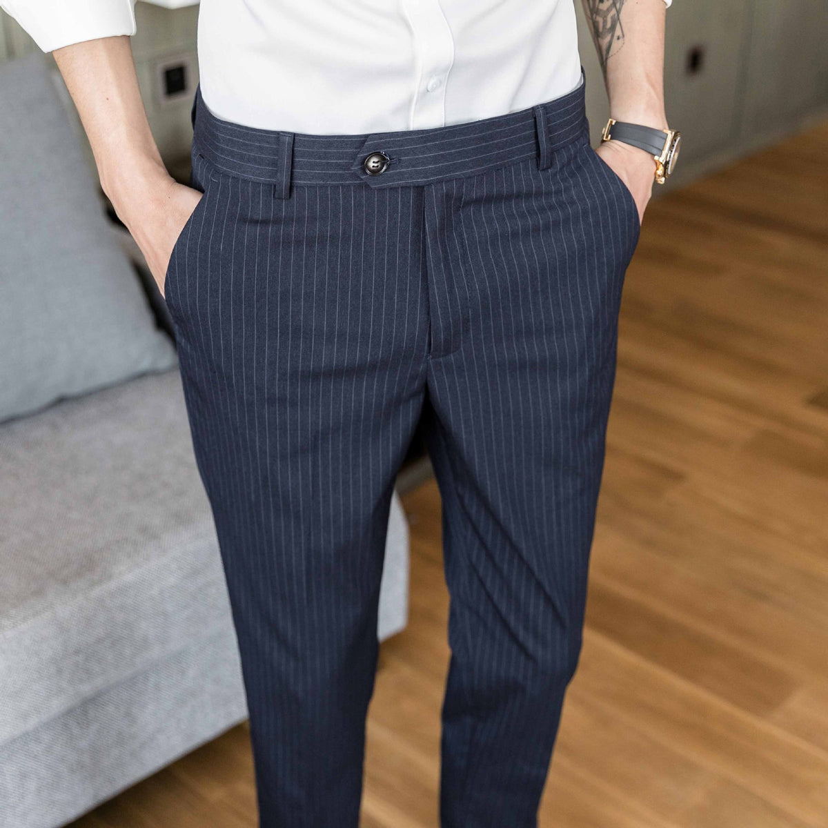 Men’s Korean Slim Fit Striped Pants – Vertical Stripe Casual Trousers