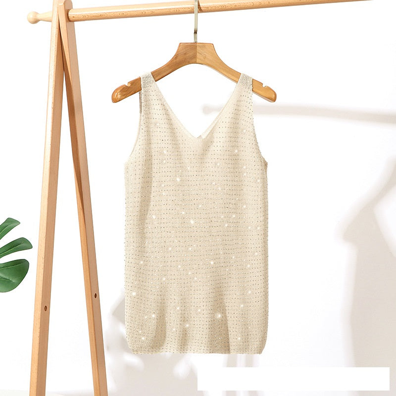 Inlaid Hot Diamond V-neck Knitted T-shirt for Women