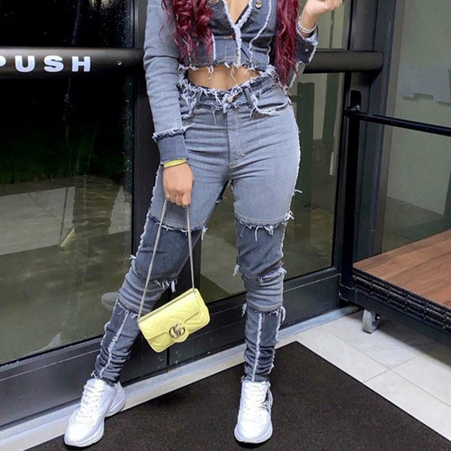Women’s Colorblock High-Waist Skinny Jeans – Cotton-Blend Autumn Pants, S–3XL