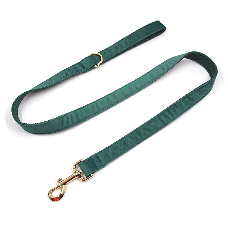 Green Velvet Dog Collar & Leash Set – Luxury Gold Buckle Pet Walking Accessories