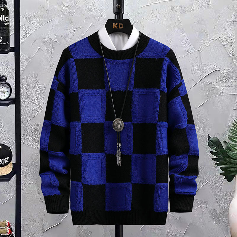 Men’s Trendy Plaid Round-Neck Sweater – Casual Knitwear – USA