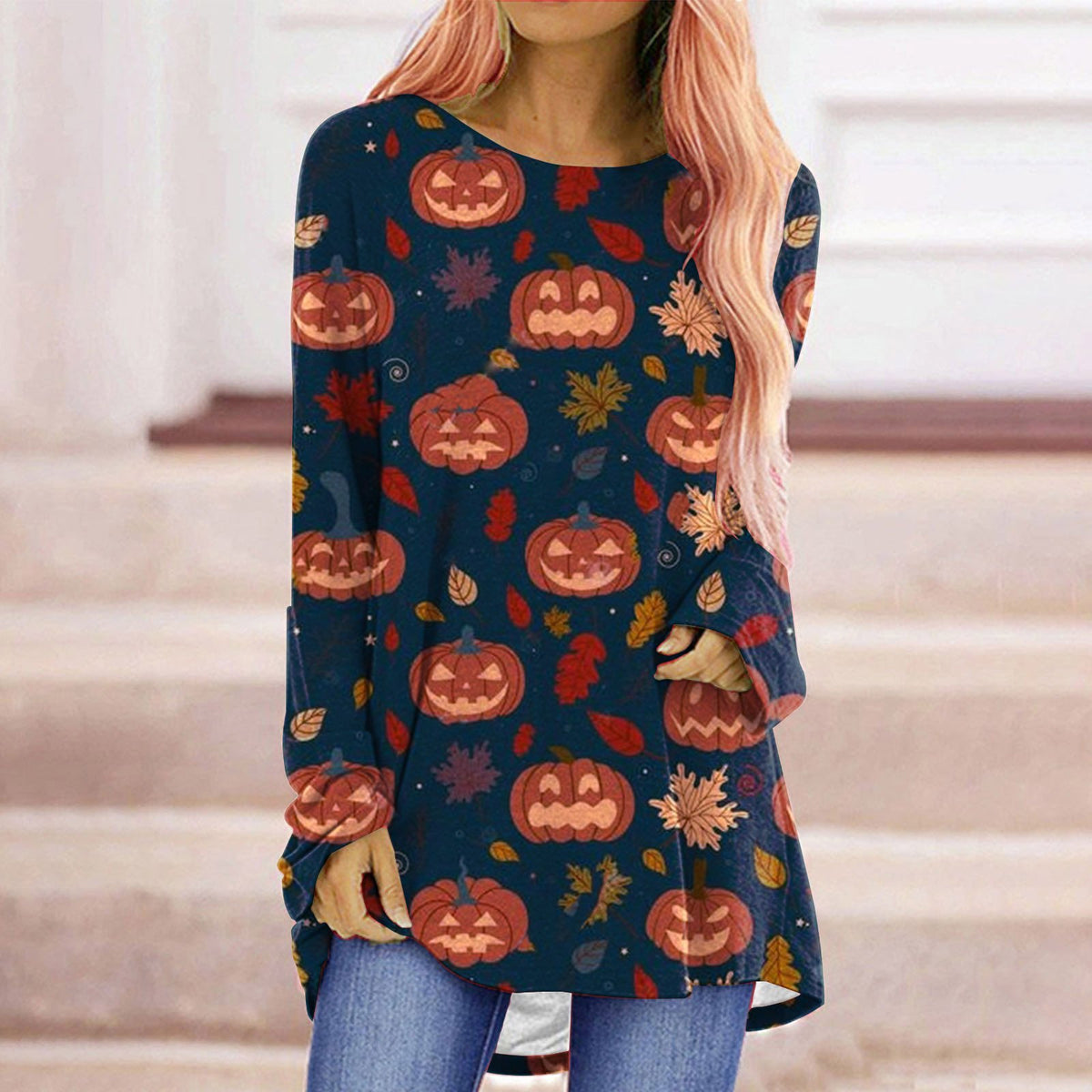 Women’s Halloween Printed Long Sleeve T-Shirt – Spooky Casual Graphic Tee
