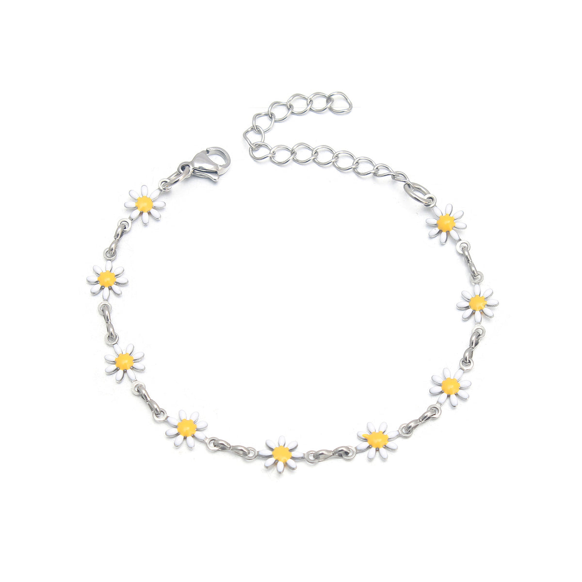 Women’s Silver Flower Bracelet – Korean Style Floral Jewelry in Orange, Pink & White