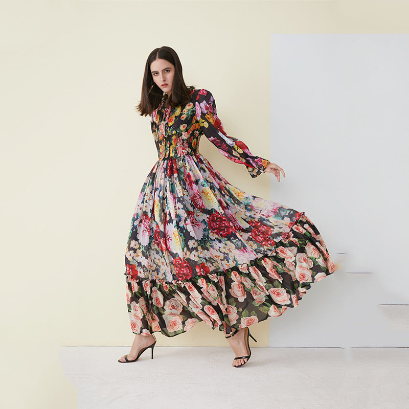 Women’s Red Floral Princess Maxi Dress – Breathable Printed Long Dress, S–XL