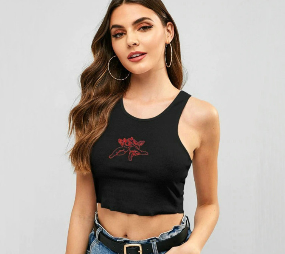 Women’s Embroidered U-Neck Crop Tank Top – Sleeveless Summer Top