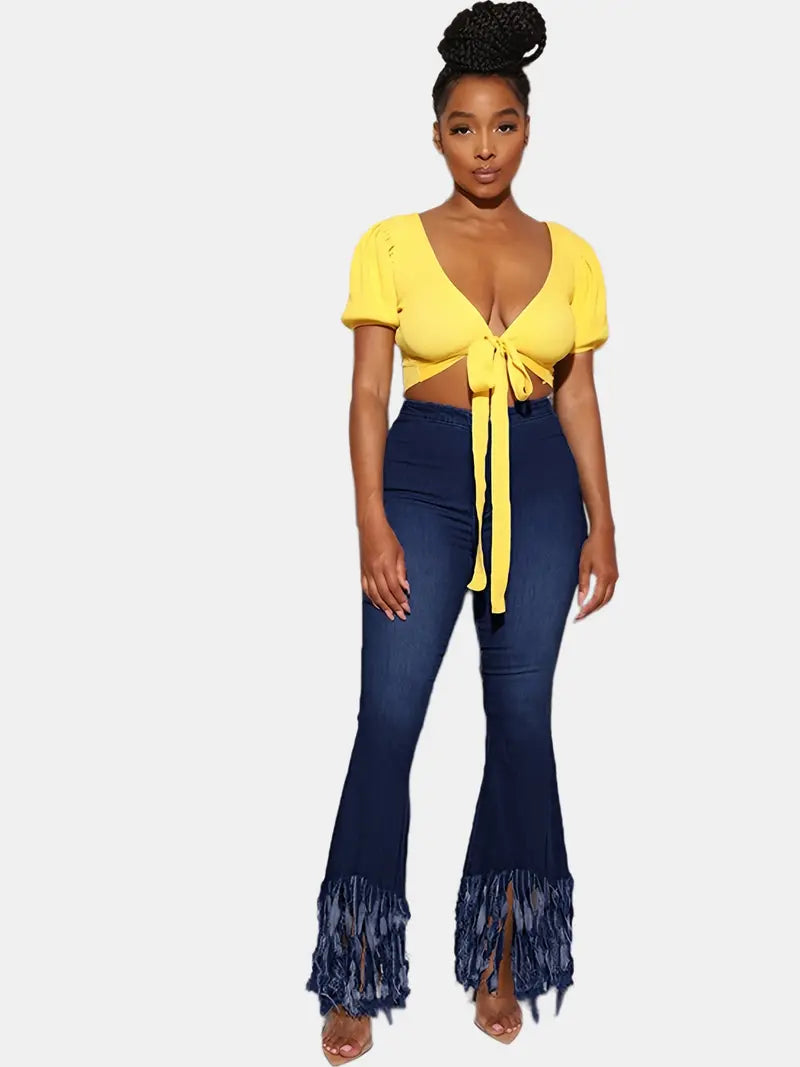 Women’s High-Waist Flared Denim Jeans – Slim-Fit Retro Bell-Bottom Jeans