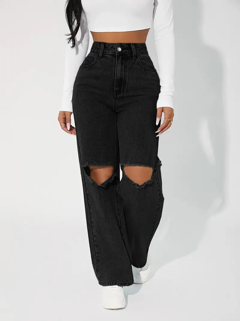 Women’s High-Rise Ripped Knee Boyfriend Jeans – Black Cotton Loose Straight-Leg Denim, S–XL