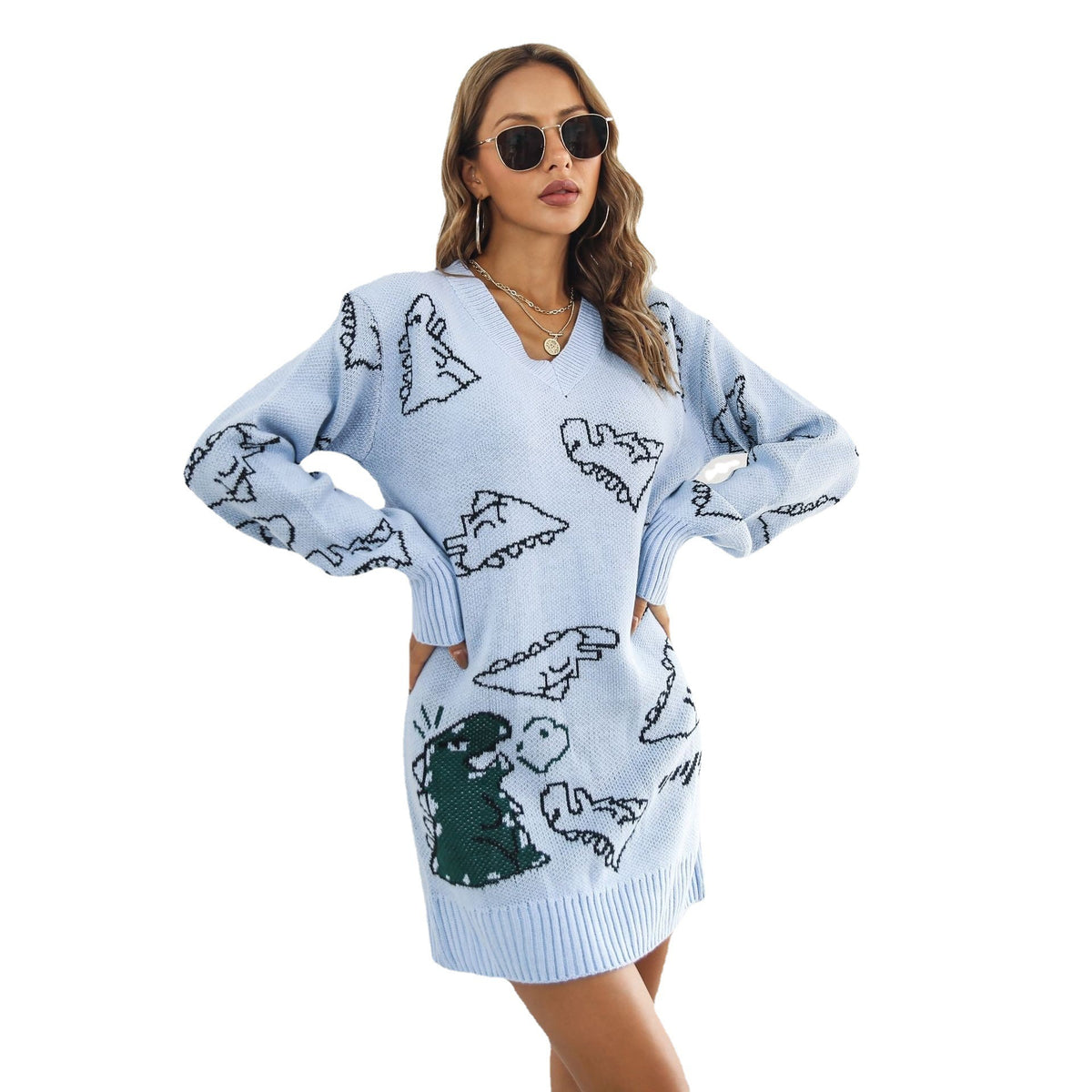 Women’s Dinosaur Cartoon V-Neck Sweater Dress – Jacquard Loose Knit Lantern Sleeve Dress, Blue & Green, S–L
