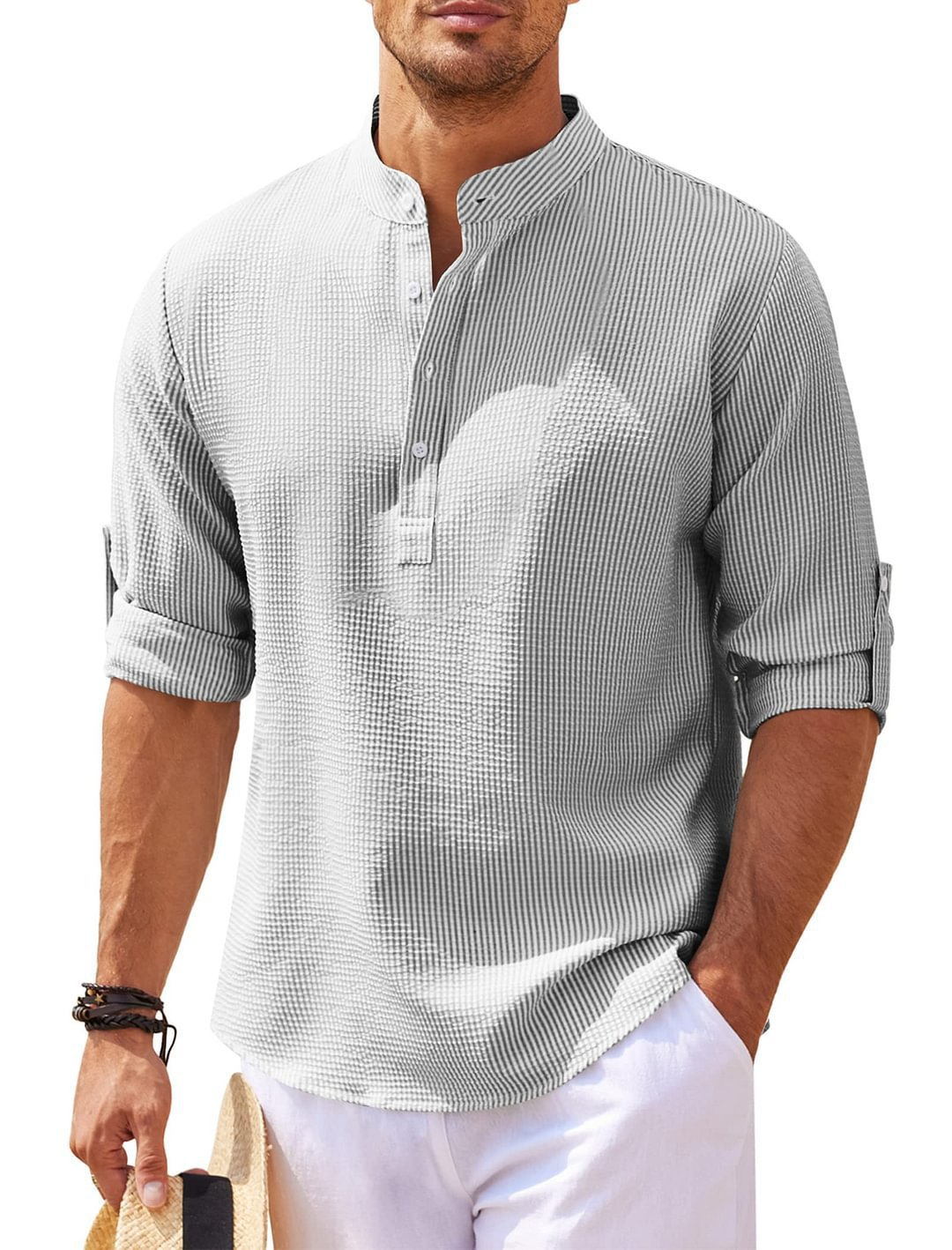 Men’s Pineapple Texture Stand Collar Shirt – Casual Short Sleeve Summer Button Shirt