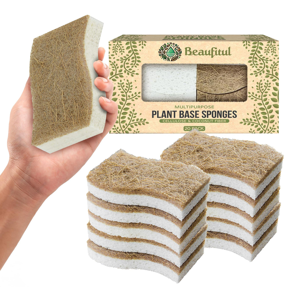 20-Piece Natural Cellulose Kitchen Sponges – Non-Scratch Coconut Scrubbers