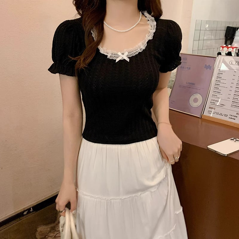 French Puff Sleeve T-Shirt for Women, Retro Chic Style