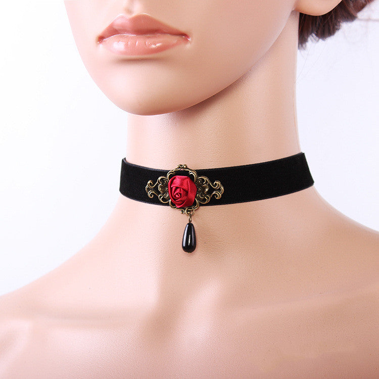 Fashion Vintage Choker Necklace with Red Rose & Pearls