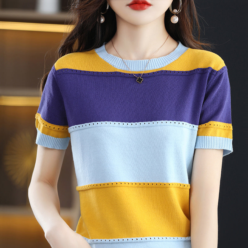 Cotton Contrast Panel Casual Knit T-Shirt for Women