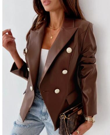 Women’s Brown Double-Breasted Faux Leather Blazer – Chic PU Leather Fall & Winter Jacket, S–2XL