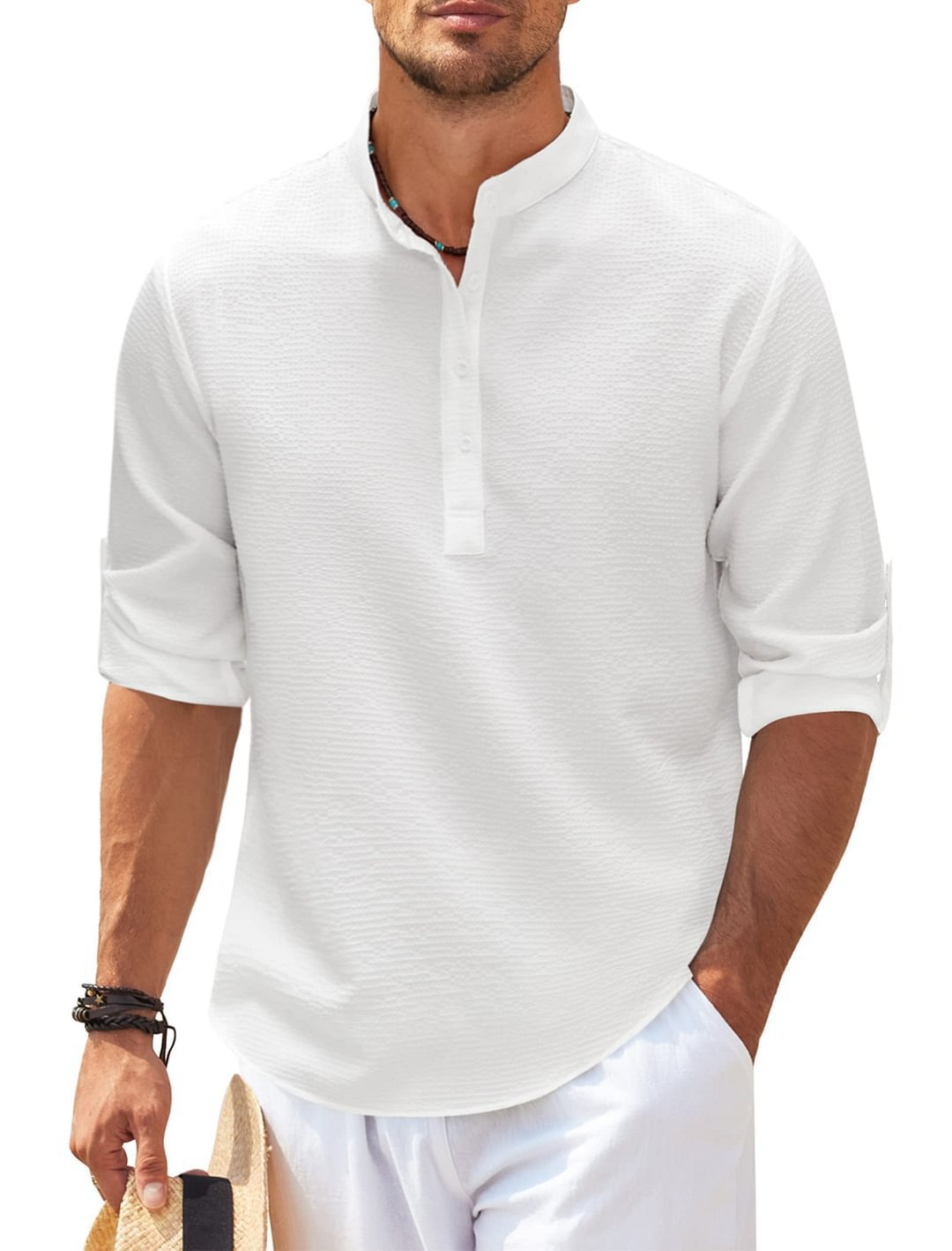 Men’s Pineapple Texture Stand Collar Shirt – Casual Short Sleeve Summer Button Shirt