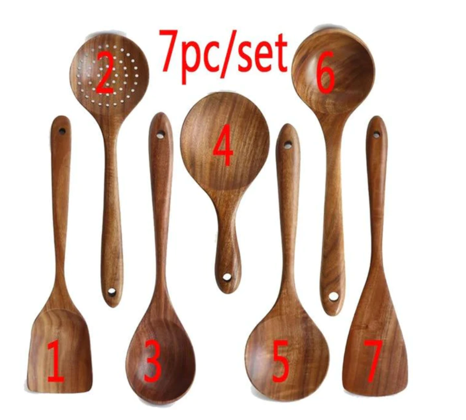 Teak Wood Kitchen Utensil Set – Essential Non-Stick Cookware Spoon Collection