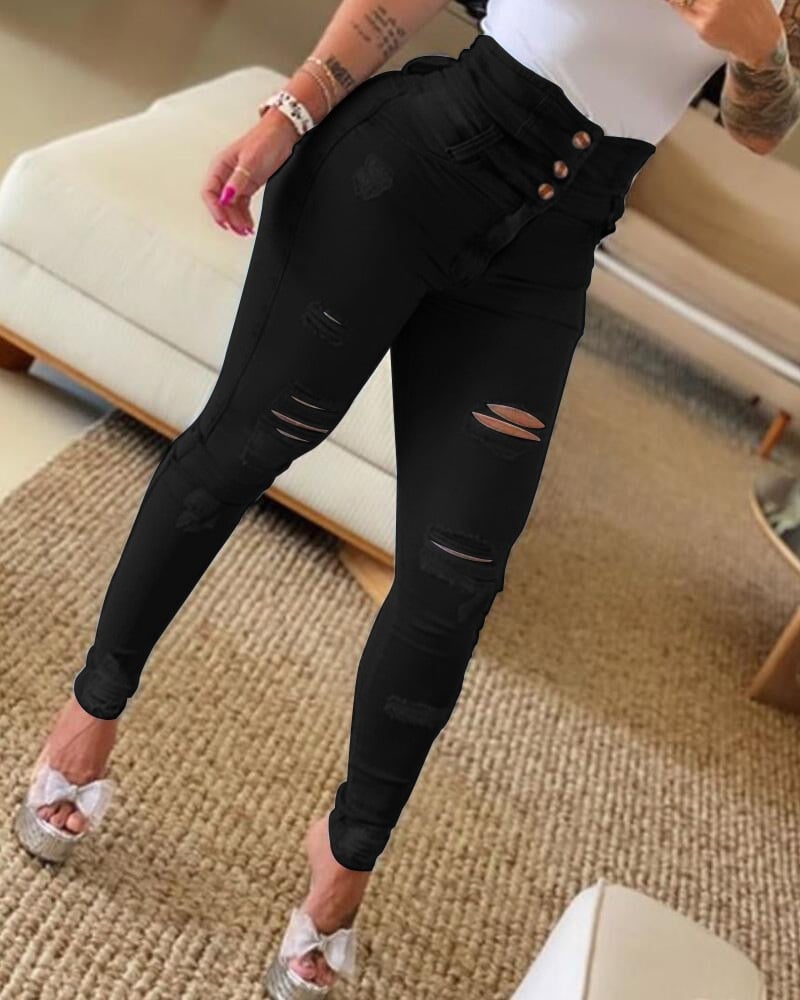 Women’s Slim High-Waist Ripped Skinny Jeans – Cotton-Blend Stretch Denim in Black, Navy & Light Blue, S–2XL