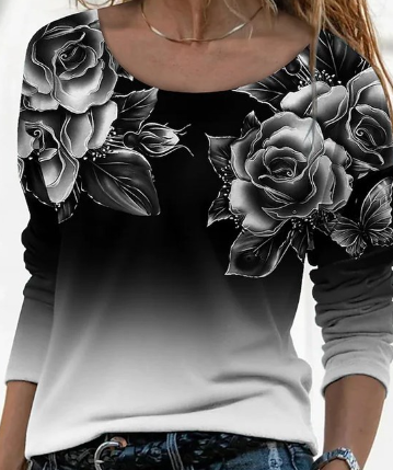 3D Printed Casual Long Sleeve Pullover T-Shirt for Women