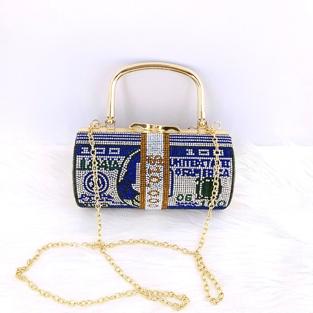 Luxury Crystal Dollar Design Evening Clutch Bag – Rhinestone Money Purse with Chain Strap for Weddings & Parties