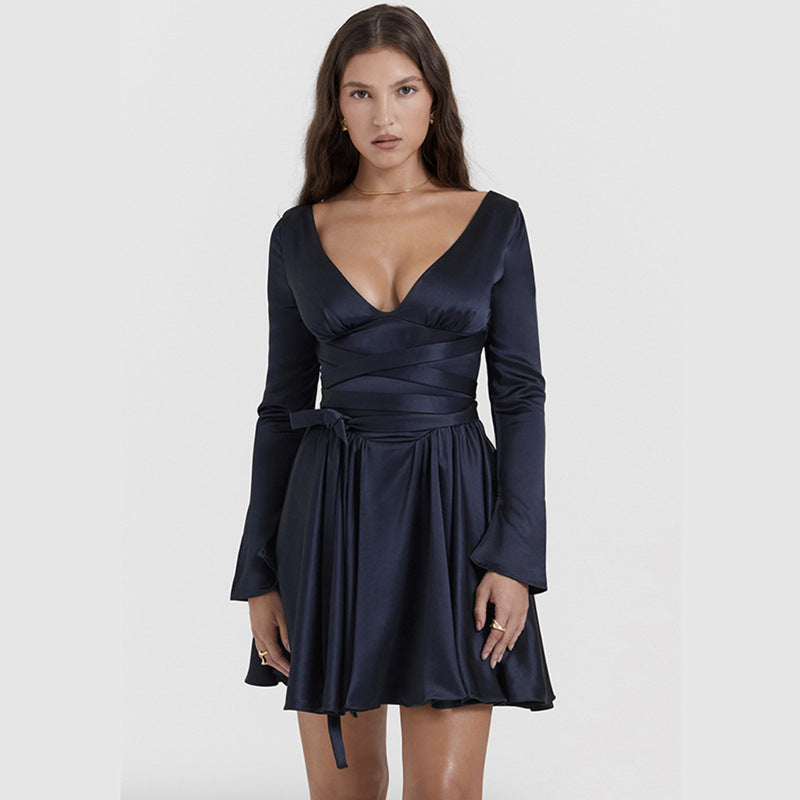 Women’s V-Neck Backless Dress with Waist Tie – Elegant Fashion Dress