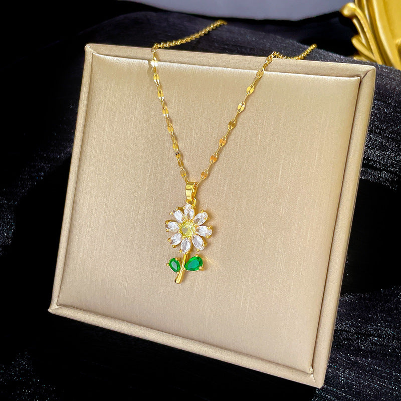 Titanium Steel Zircon Flower Necklace for Women