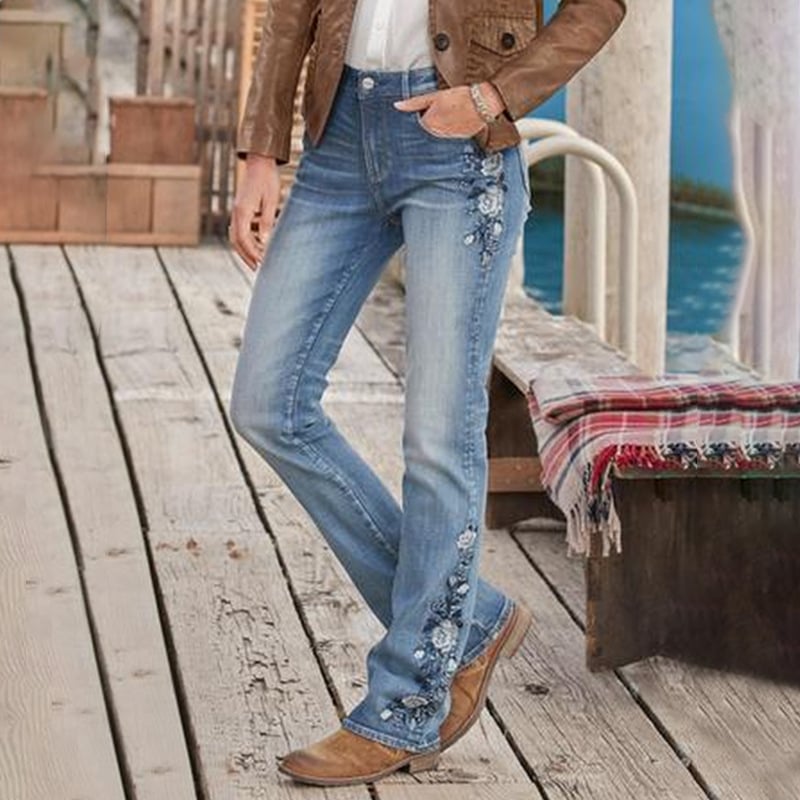 Women’s Embroidered Bootcut Slim Fit Jeans – Mid-Waist Cotton Denim with Pockets, Blue, S–2XL
