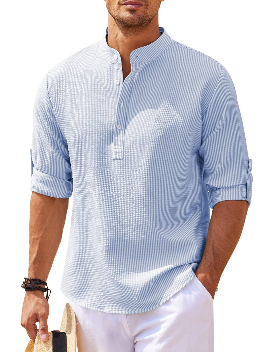 Men’s Pineapple Texture Stand Collar Shirt – Casual Short Sleeve Summer Button Shirt