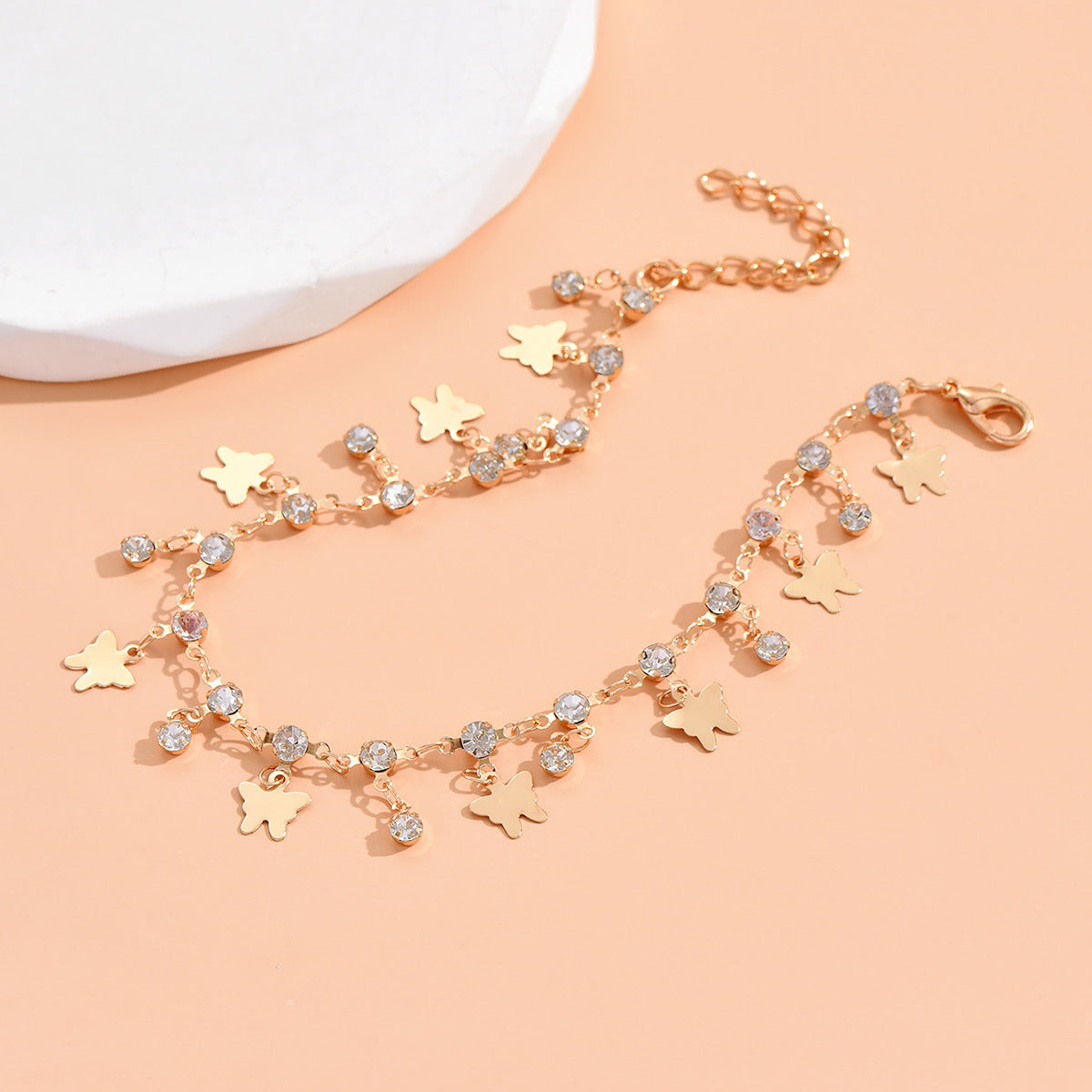 Bohemian Vintage Anklet with Diamond Butterfly Pendant