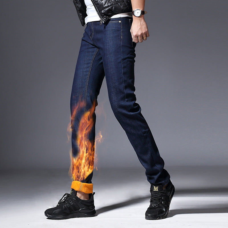 Men’s Cotton Fleece-Lined Winter Jeans – Thick Warm Low-Waist Denim Pants, Sizes 28–38