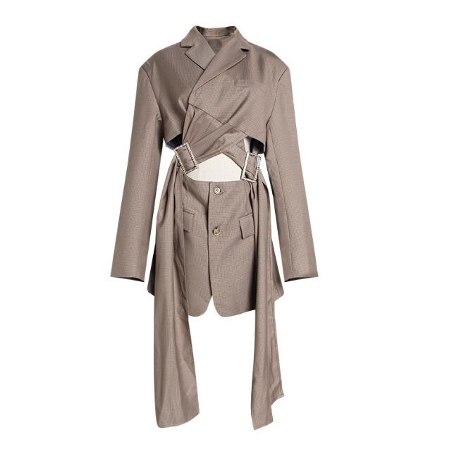 Women’s Designer Khaki Plaid Blazer – Slim-Fit Hollow-Out Long Tailored Jacket, S–L