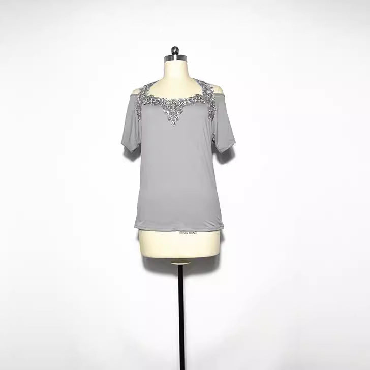 V-Neck Patchwork Lace Casual Loose T-Shirt for Women