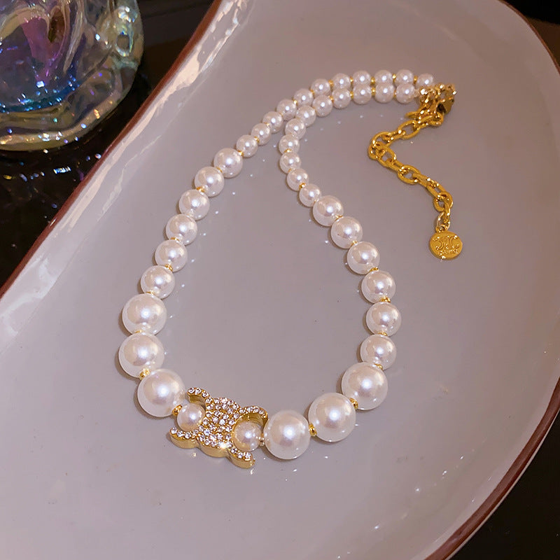 Korean Vintage Pearl Tassel Floral Bow Choker Necklace