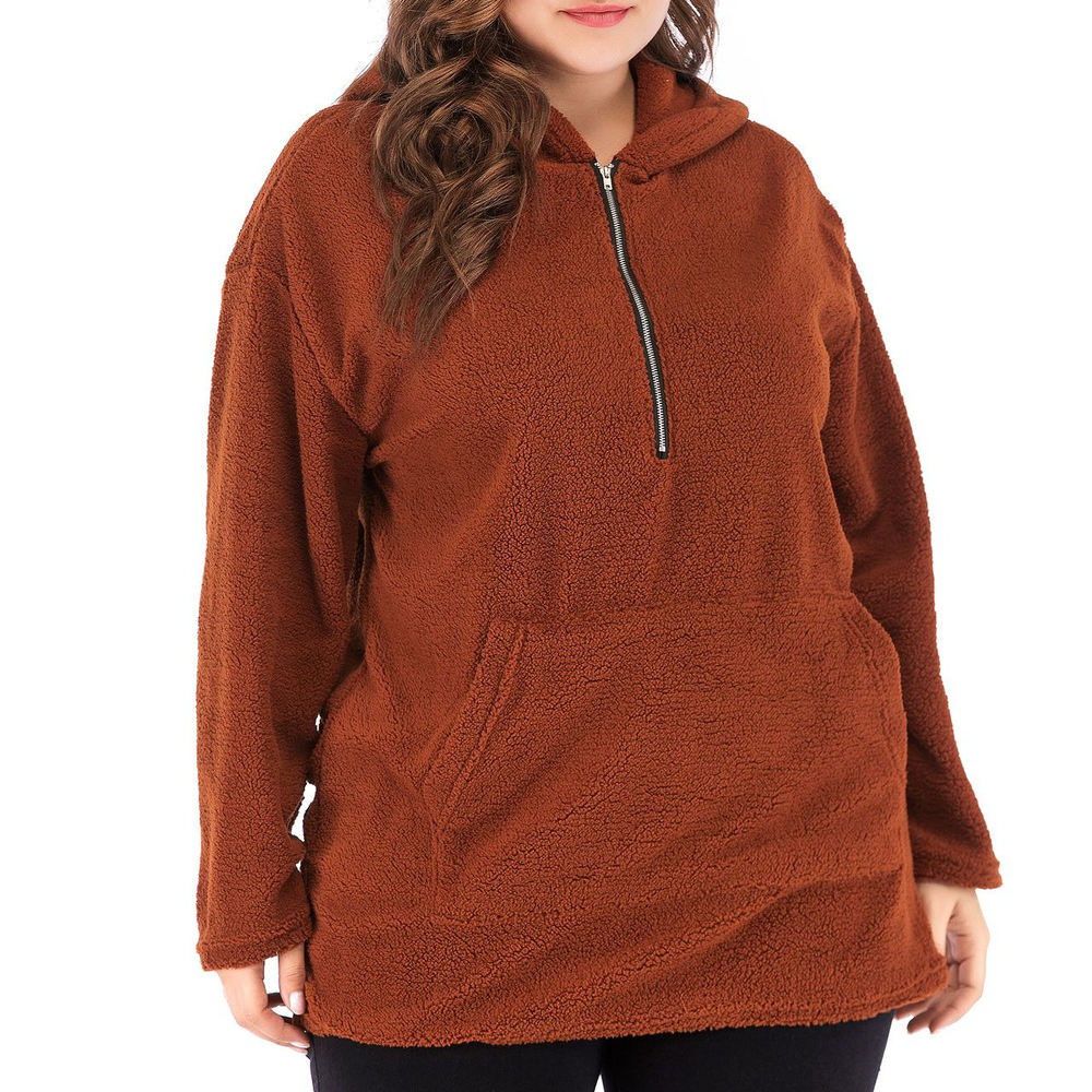 Women’s Plus Size Hooded Lamb Wool Sweater – Mid-Length Long Sleeve Camel Pullover, XL–4XL