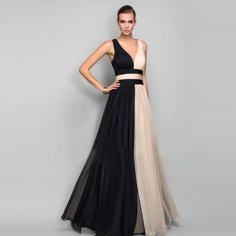 Women’s V-Neck Backless Maxi Dress – Elegant Color Block Evening Gown