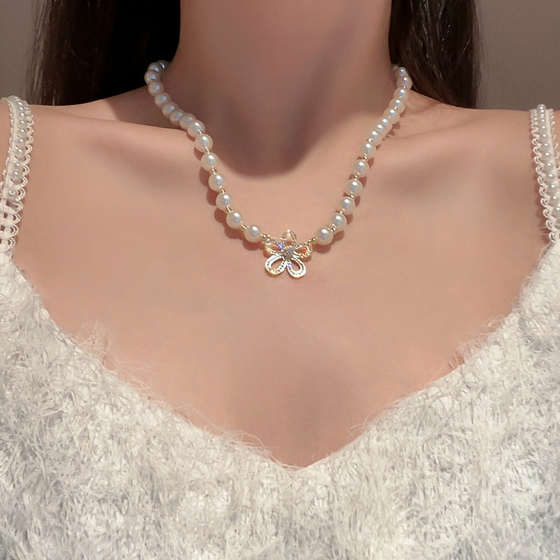 Korean Vintage Pearl Tassel Floral Bow Choker Necklace