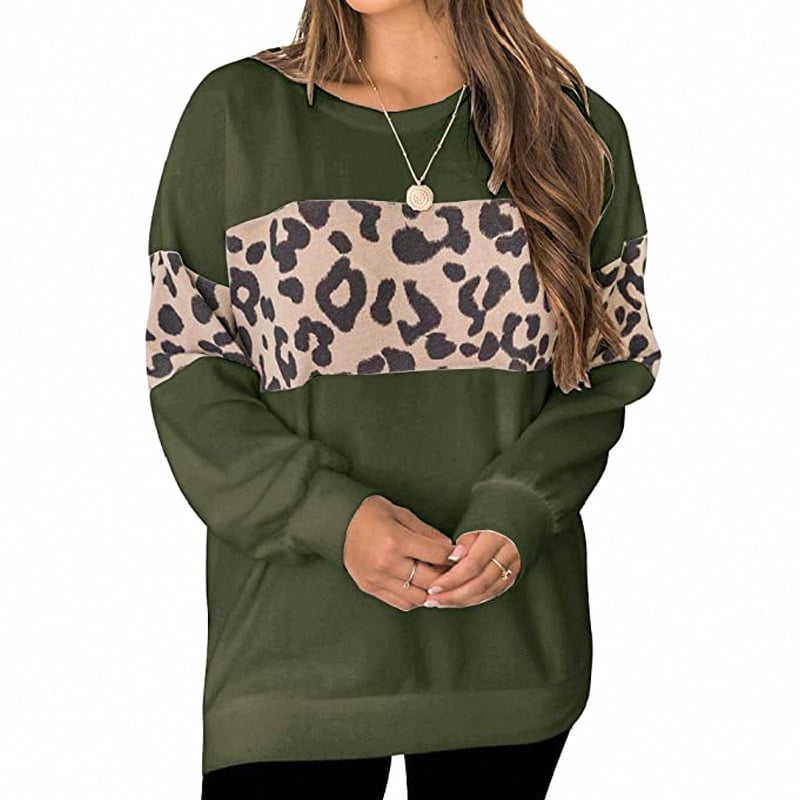 Women’s Leopard Print Long-Sleeve Sweater T-Shirt – Cotton Blend Loose-Fit Casual Top, 5 Colors, S–2XL