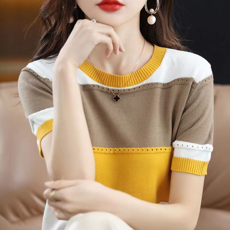 Cotton Contrast Panel Casual Knit T-Shirt for Women