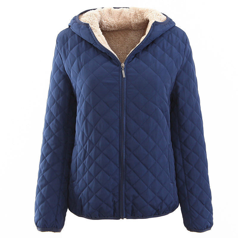 Women’s Plus Size Korean Plaid Fleece Jacket – Hooded Lamb Fleece Winter Coat, 10 Colors, S–3XL