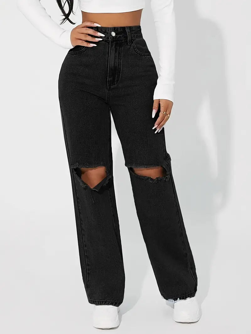 Women’s High-Rise Ripped Knee Boyfriend Jeans – Black Cotton Loose Straight-Leg Denim, S–XL