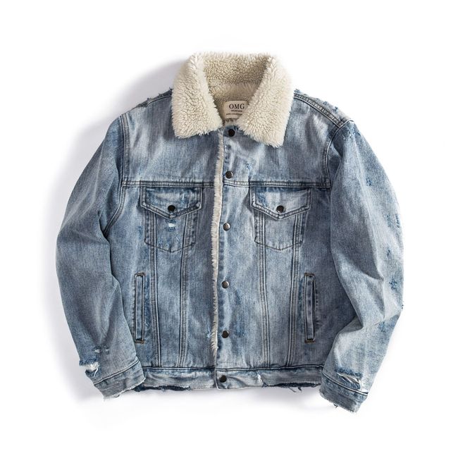 Men’s Distressed Lamb Wool Denim Jacket – Winter – USA