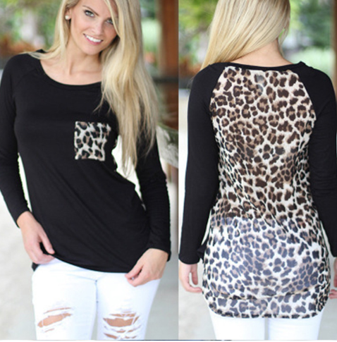 Women's Leopard Print Chiffon T-Shirt – Long Sleeve Pocket Top