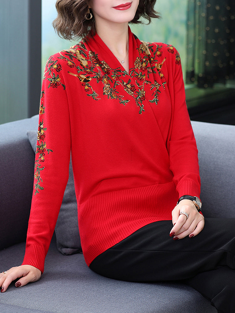 Women’s Chinese Style Autumn Print Pullover Sweater – Half Turtleneck Long Sleeve Knit Top, 7 Colors, XL–3XL