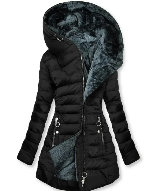 Women’s Plush Hooded Cotton-Padded Coat – Mid-Length Oblique Zipper Winter Jacket, S–5XL