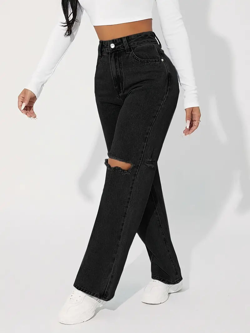 Women’s High-Rise Ripped Knee Boyfriend Jeans – Black Cotton Loose Straight-Leg Denim, S–XL