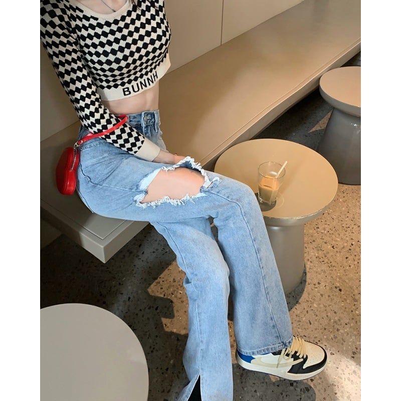 Women’s High-Waist Slim Ripped Jeans – Washed Straight-Leg Denim in Black, Dark & Light Blue, S–L