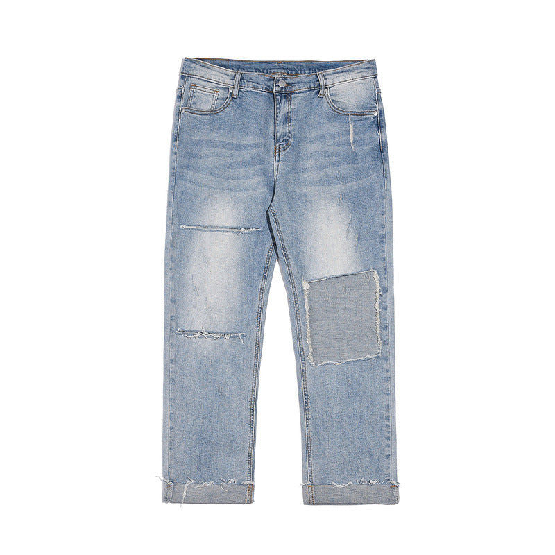 Unisex Loose Ripped Straight-Leg Jeans – Cotton Denim Casual Blue Pants, Sizes 30–36