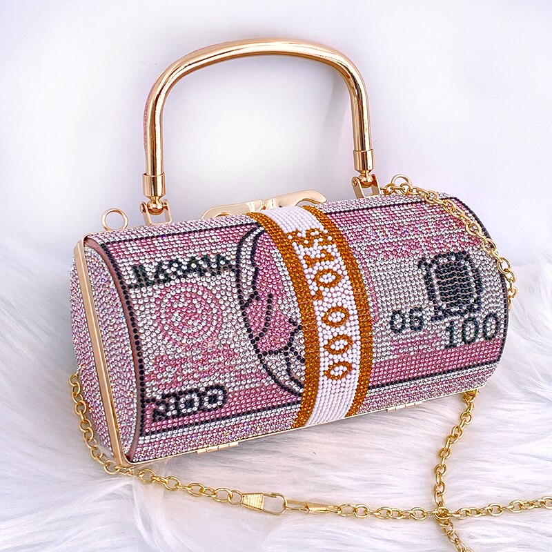 Luxury Crystal Dollar Design Evening Clutch Bag – Rhinestone Money Purse with Chain Strap for Weddings & Parties